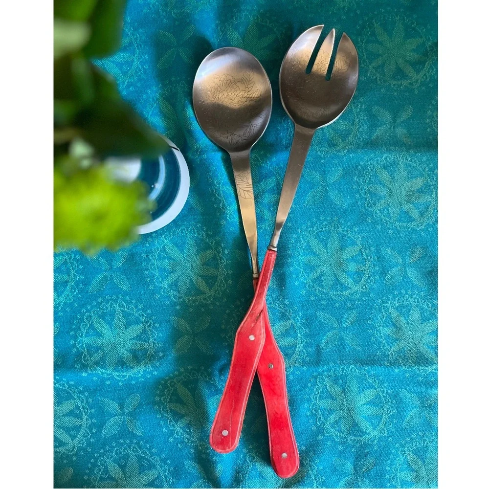 Anthropologie Laine Salad Server Set Etched Floral Pink Bone Handle discontinued